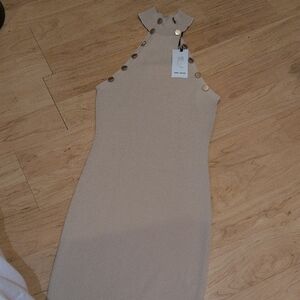 Chic Beige Backless Dress with Button Accents